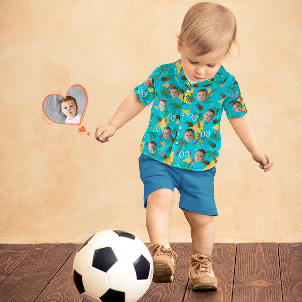 Camiseta Hawaiana Personalizada Con Cara Y Números Multicolores Para Niños, árbol De Coco Y Regalo De Cumpleaños De Piña - santacalcetines