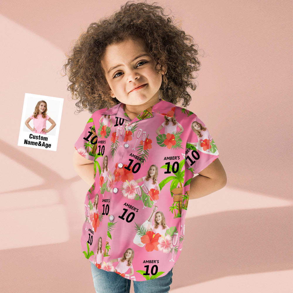 Camisa Hawaiana Con Cara De Cumpleaños Para Niños, Color Rosa Personalizado, Edad Y Nombre, Flor Roja Y árbol De Coco, Camisa Hawaiana - santacalcetines