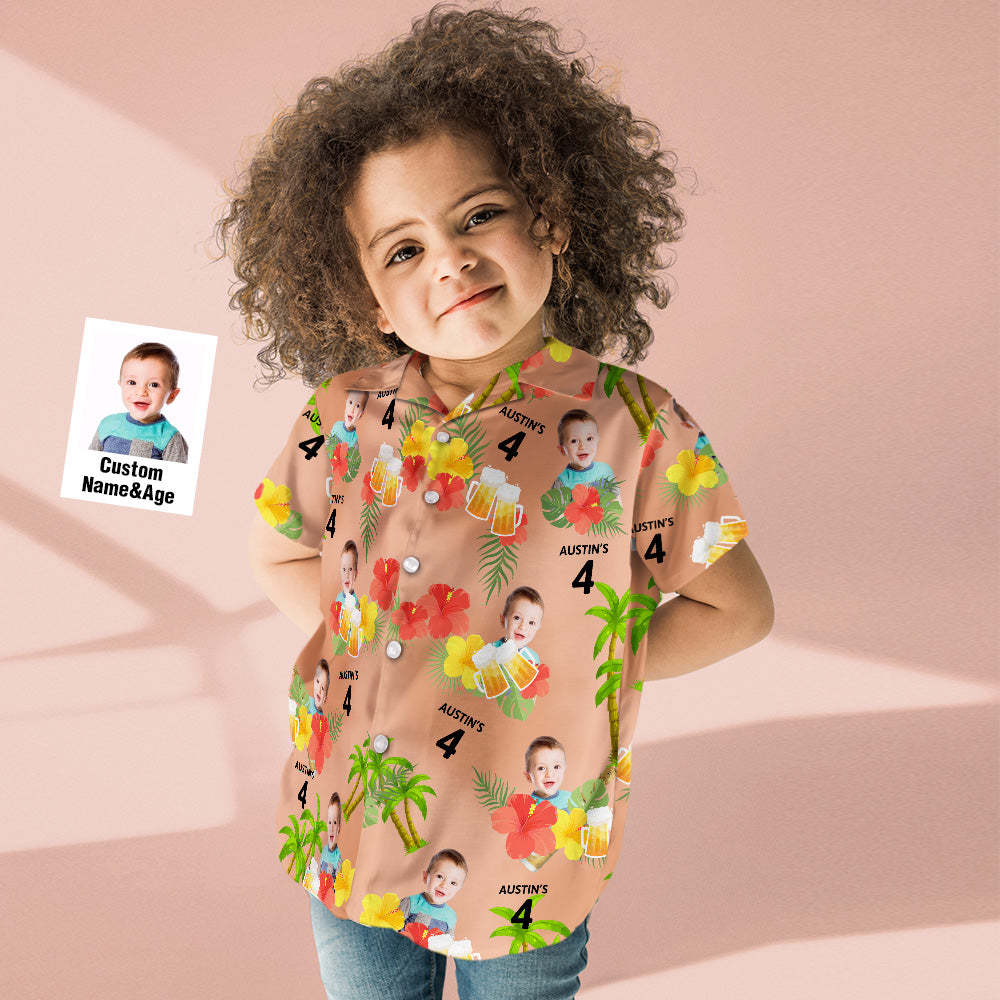 Edad Y Nombre Personalizados Niños Cara Camisa Hawaiana Cumpleaños Camisa Hawaiana Flor Roja Y Palmera Camisa - santacalcetines