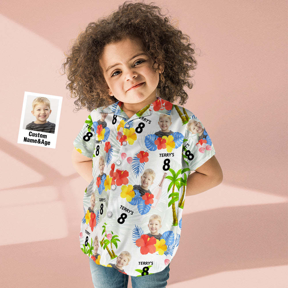 Camisa Hawaiana Personalizada Con Nombre Y Edad, Cara De Cumpleaños, Flor Roja Y Palmera, Camisa Hawaiana Para Niños - santacalcetines