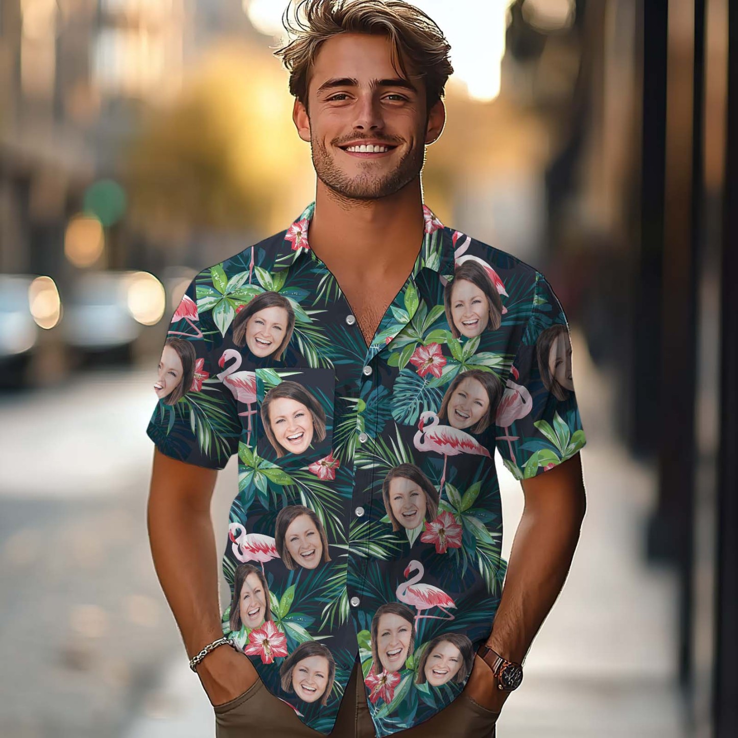 Camisa Hawaiana Personalizada Con Cara Camisa Aloha De Flamenco Tropical De Verano Personalizada Con Regalo De Bolsillo Para Los Amantes - santacalcetines
