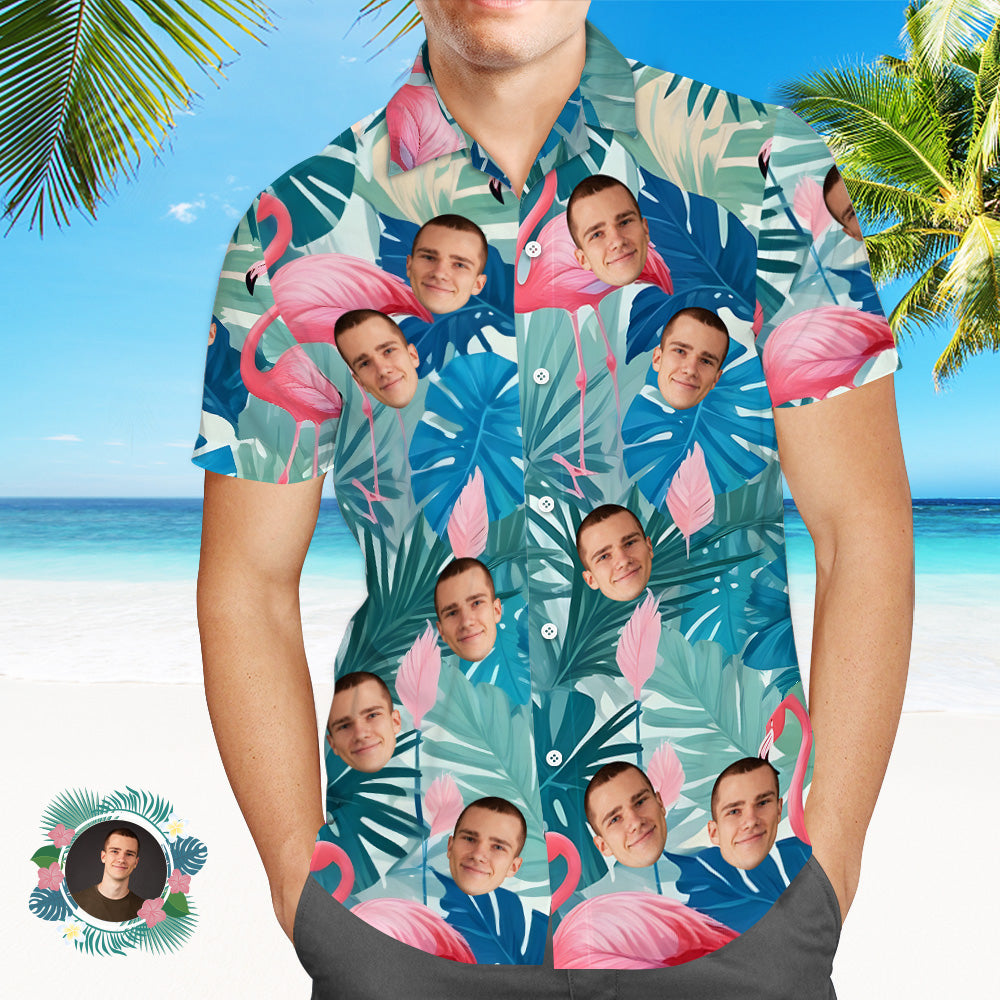 Camisas Hawaianas De Cara Personalizada Camisa Hawaiana Azul Con Hojas De Flamenco