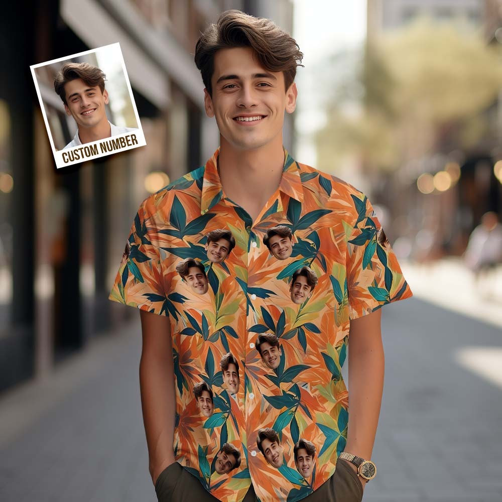 Camisas Hawaianas De Cara Personalizada Patrón De Hojas Tropicales Camisa Hawaiana Naranja - santacalcetines