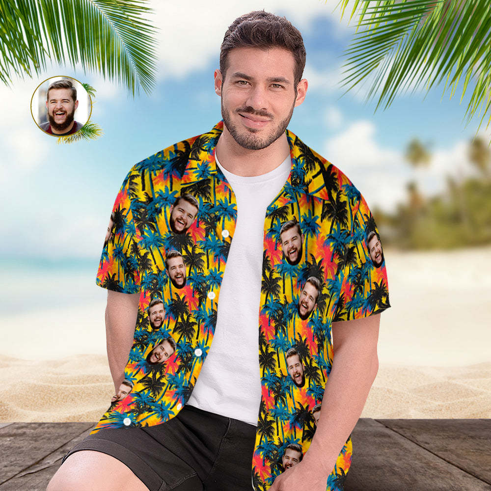 Camisa Hawaiana Con Cara Personalizada Camisa Hawaiana Amarilla Y Palmera - santacalcetines
