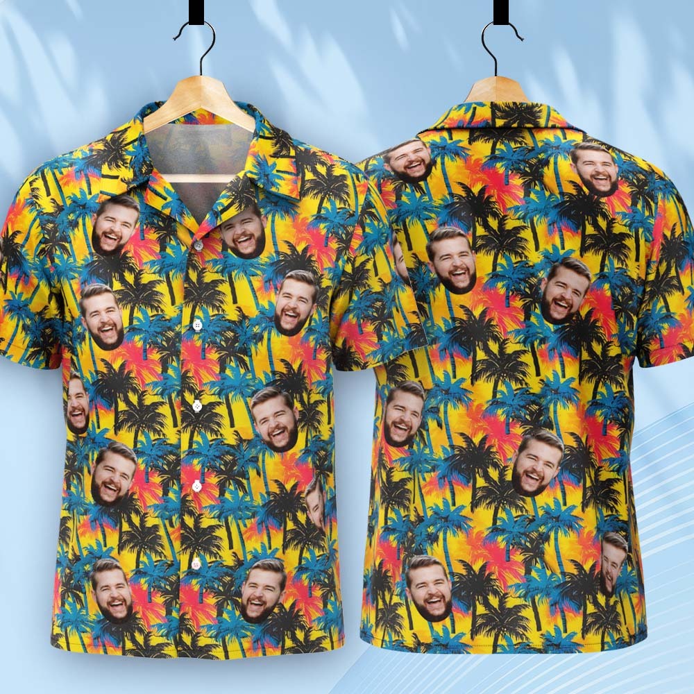 Camisa Hawaiana Con Cara Personalizada Camisa Hawaiana Amarilla Y Palmera - santacalcetines