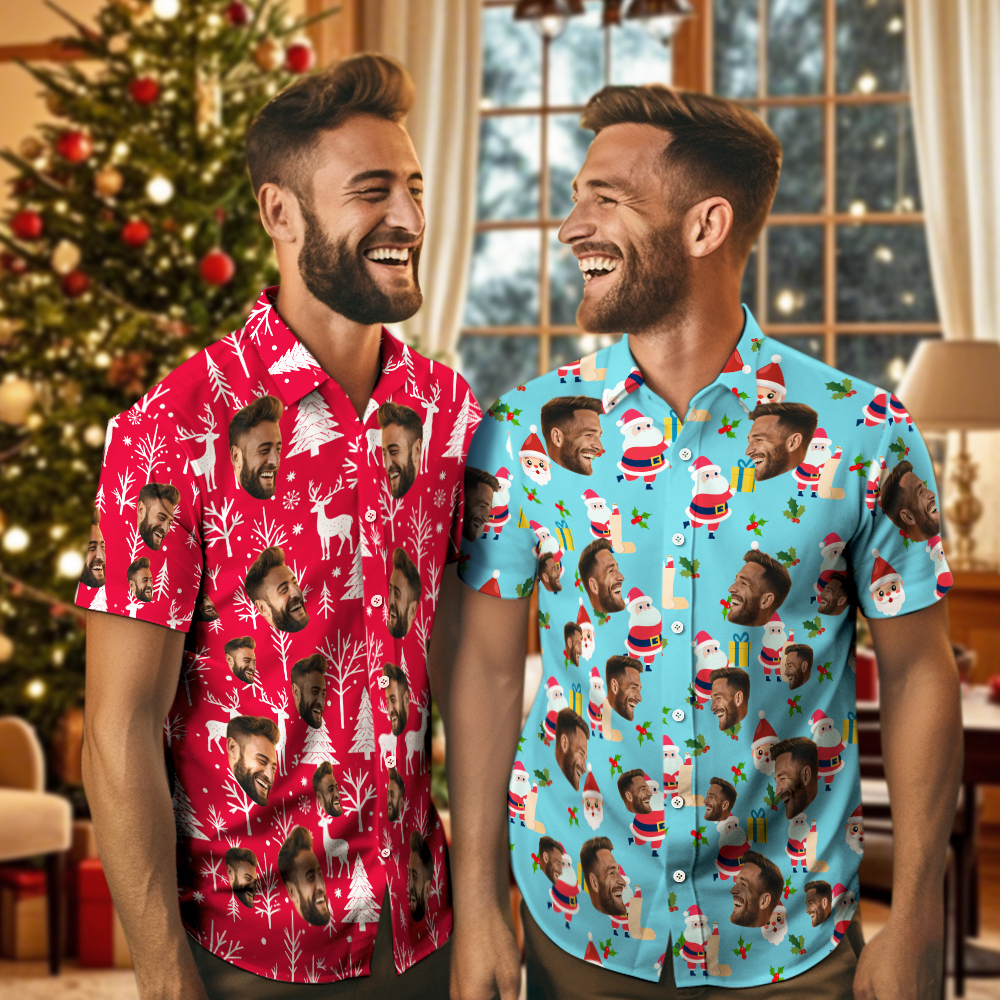 Camisas Navideñas Con Cara Personalizada, Camisa Hawaiana Para Hombre, Foto Personalizada, Camisas Aloha Navideñas Familiares De Navidad - santacalcetines