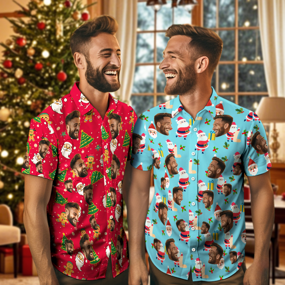 Camisas Navideñas Con Cara Personalizada, Camisa Hawaiana Para Hombre, Foto Personalizada, Camisas Aloha Navideñas Familiares De Navidad - santacalcetines