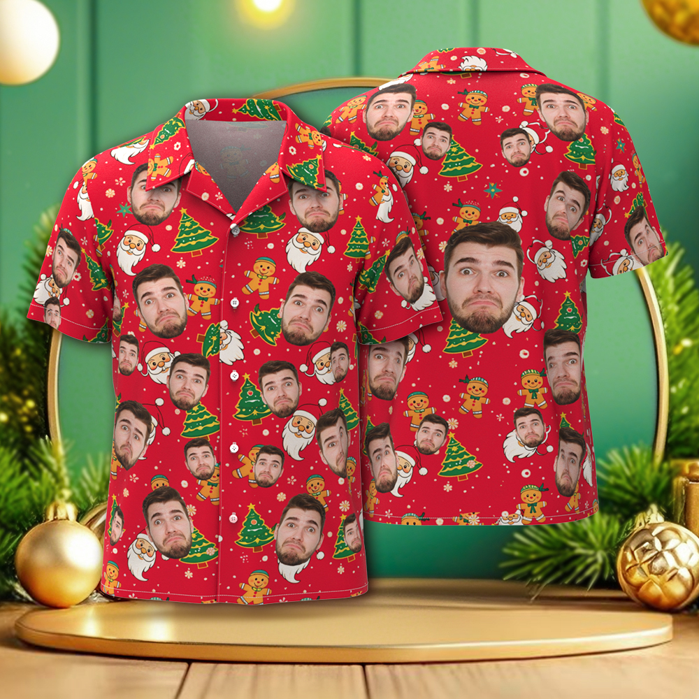 Camisas Navideñas Con Cara Personalizada, Camisa Hawaiana Para Hombre, Foto Personalizada, Camisas Aloha Navideñas Familiares De Navidad - santacalcetines