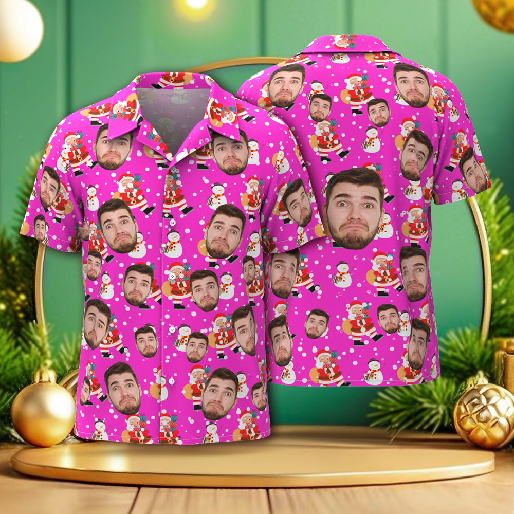 Camisas Navideñas Con Cara Personalizada, Camisa Hawaiana Para Hombre, Foto Personalizada, Camisas Aloha Navideñas Familiares De Navidad - santacalcetines
