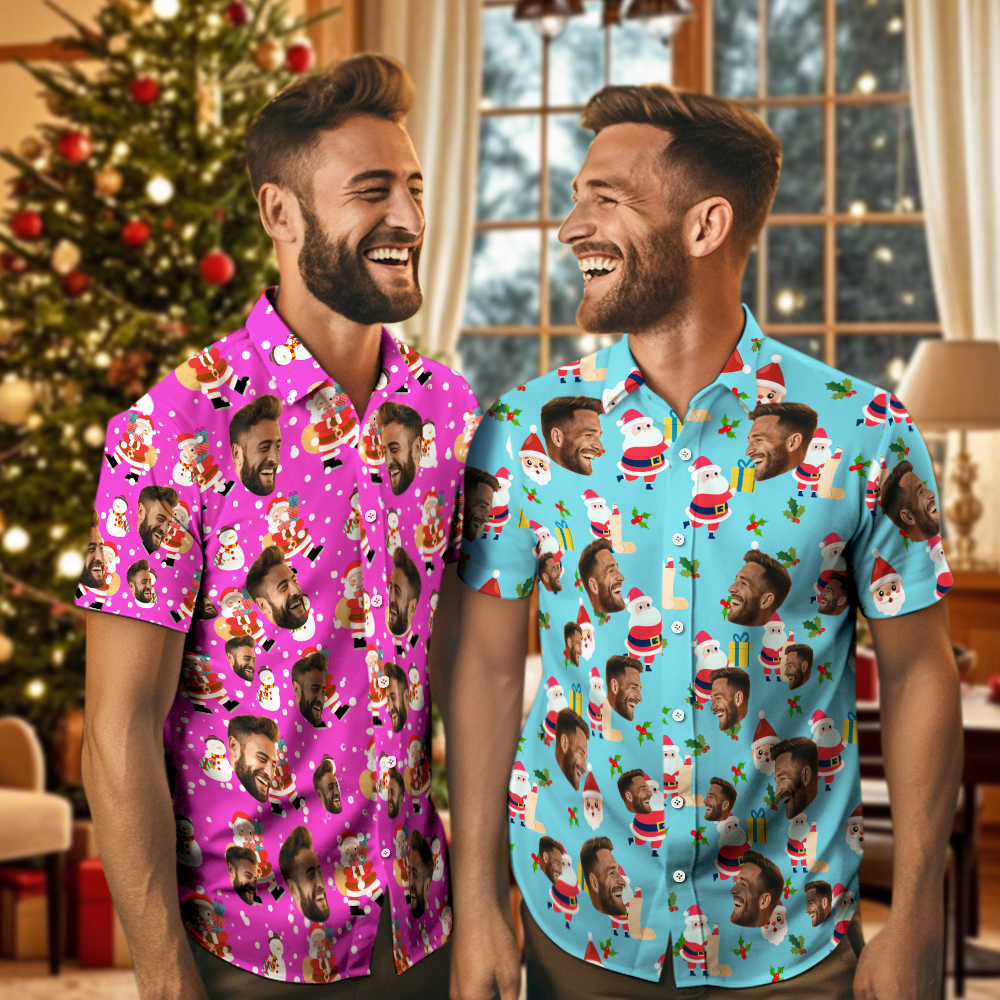 Camisas Navideñas Con Cara Personalizada, Camisa Hawaiana Para Hombre, Foto Personalizada, Camisas Aloha Navideñas Familiares De Navidad - santacalcetines