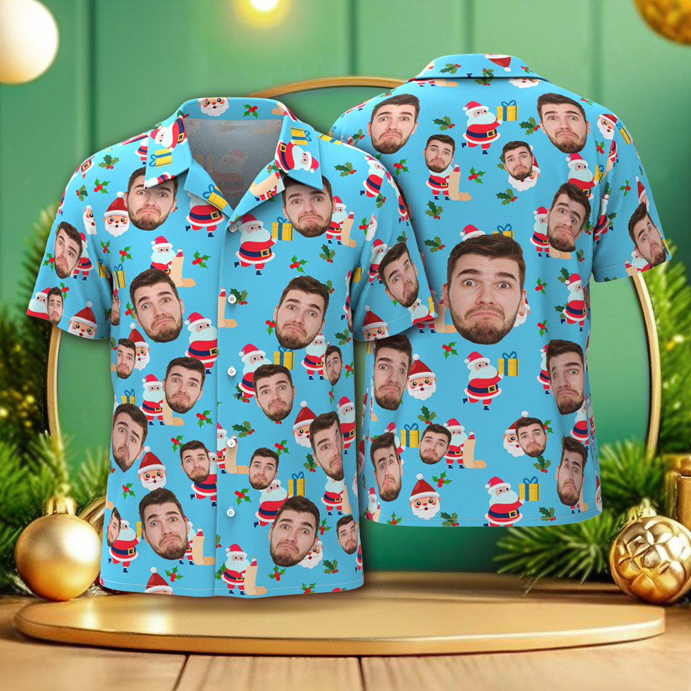Camisas Navideñas Con Cara Personalizada, Camisa Hawaiana Para Hombre, Foto Personalizada, Camisas Aloha Navideñas Familiares De Navidad - santacalcetines