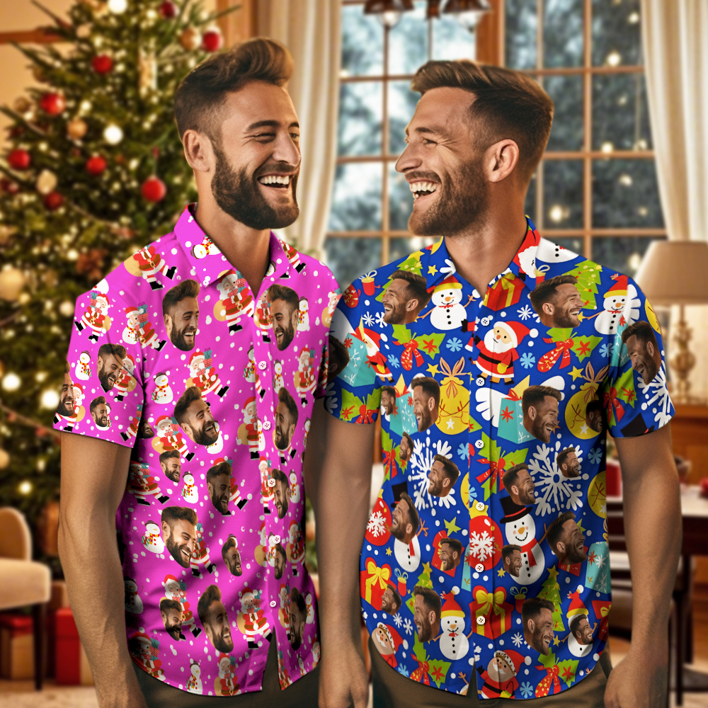 Camisas Navideñas Con Cara Personalizada, Camisa Hawaiana Para Hombre, Foto Personalizada, Camisas Aloha Navideñas Familiares De Navidad - santacalcetines