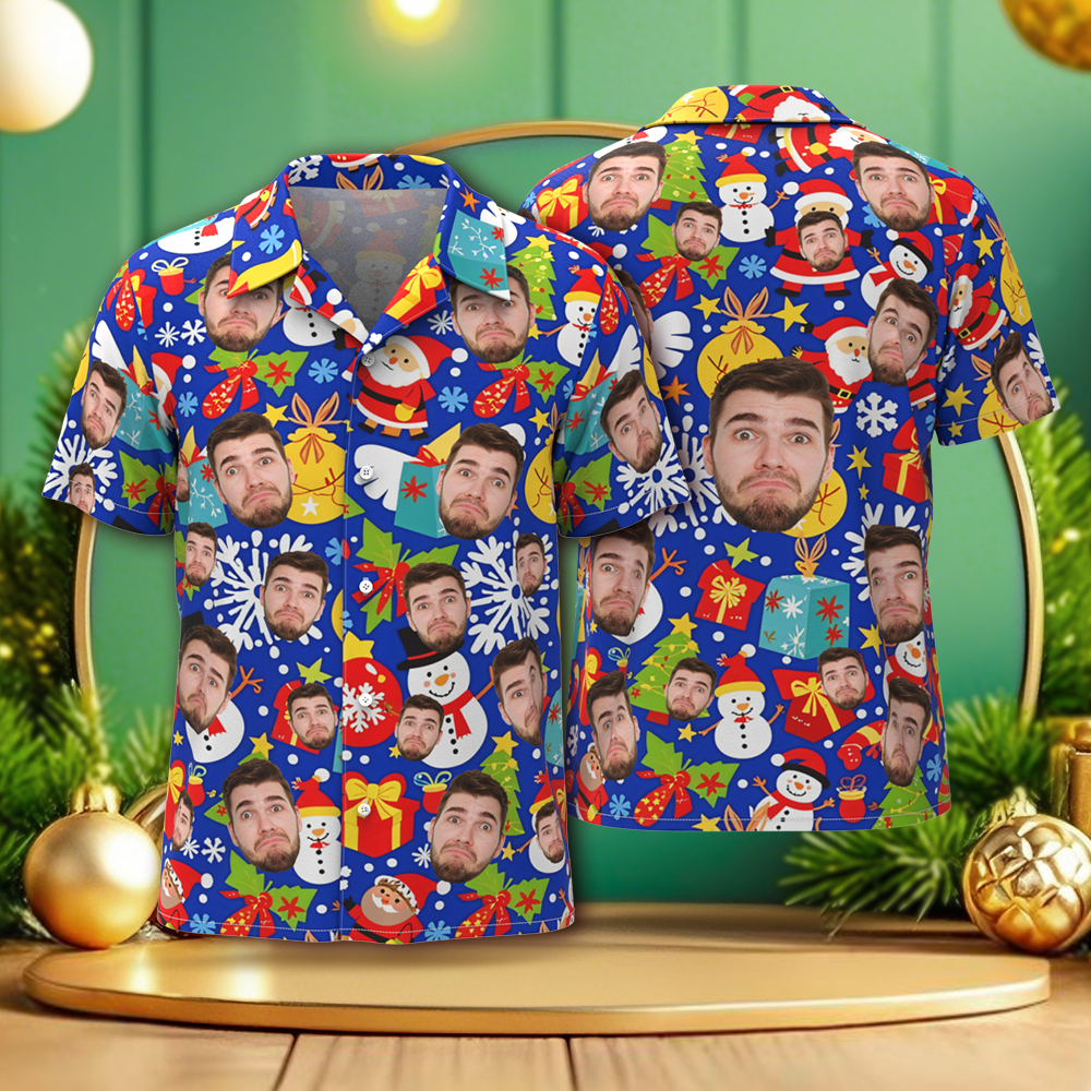 Camisas Navideñas Con Cara Personalizada, Camisa Hawaiana Para Hombre, Foto Personalizada, Camisas Aloha Navideñas Familiares De Navidad - santacalcetines