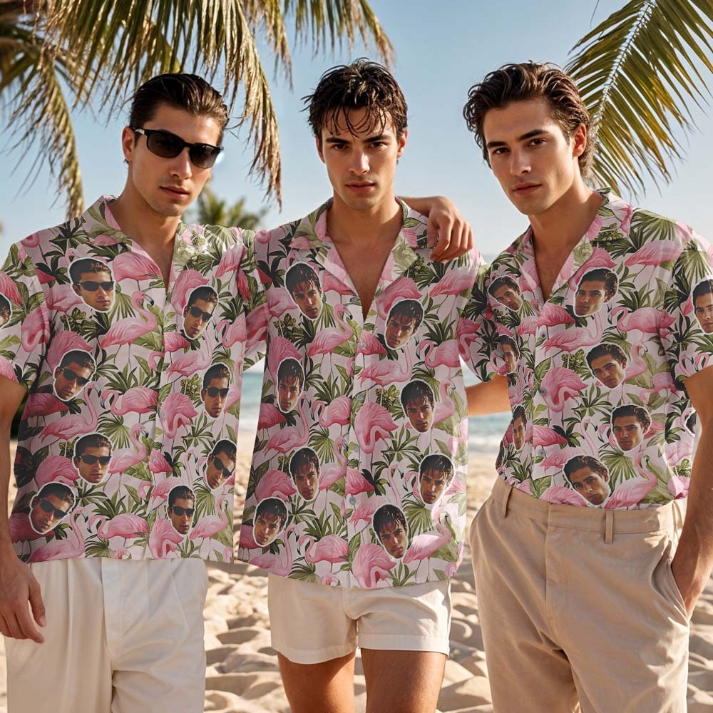 Camisa Hawaiana Personalizada Con Foto De Flamenco Rosa, Divertidas Camisas Para Fiestas De Vacaciones - santacalcetines