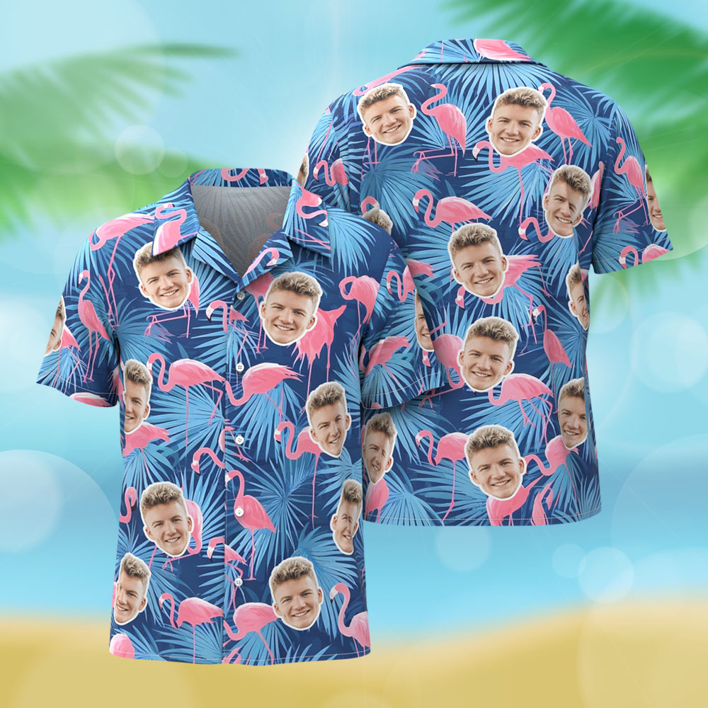 Camisa Hawaiana Personalizada Con Foto De Flamenco Y Flor Azul. Camisa Hawaiana Divertida Para Fiestas De Vacaciones. - santacalcetines