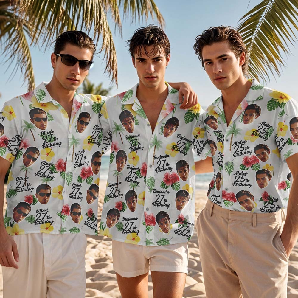 Camisa Hawaiana Personalizada Para Cumpleaños De Pareja, Camisa Azul Personalizada Con Nombre De Cara, Camisa Hawaiana De Cumpleaños Aloha Para Fiesta De Cumpleaños, Regalo De Cumpleaños - santacalcetines