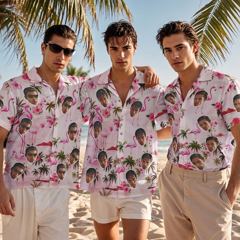 Camisa Hawaiana Personalizada Con Cara De Flamenco Rosa, Regalo De Aniversario Para Pareja - santacalcetines