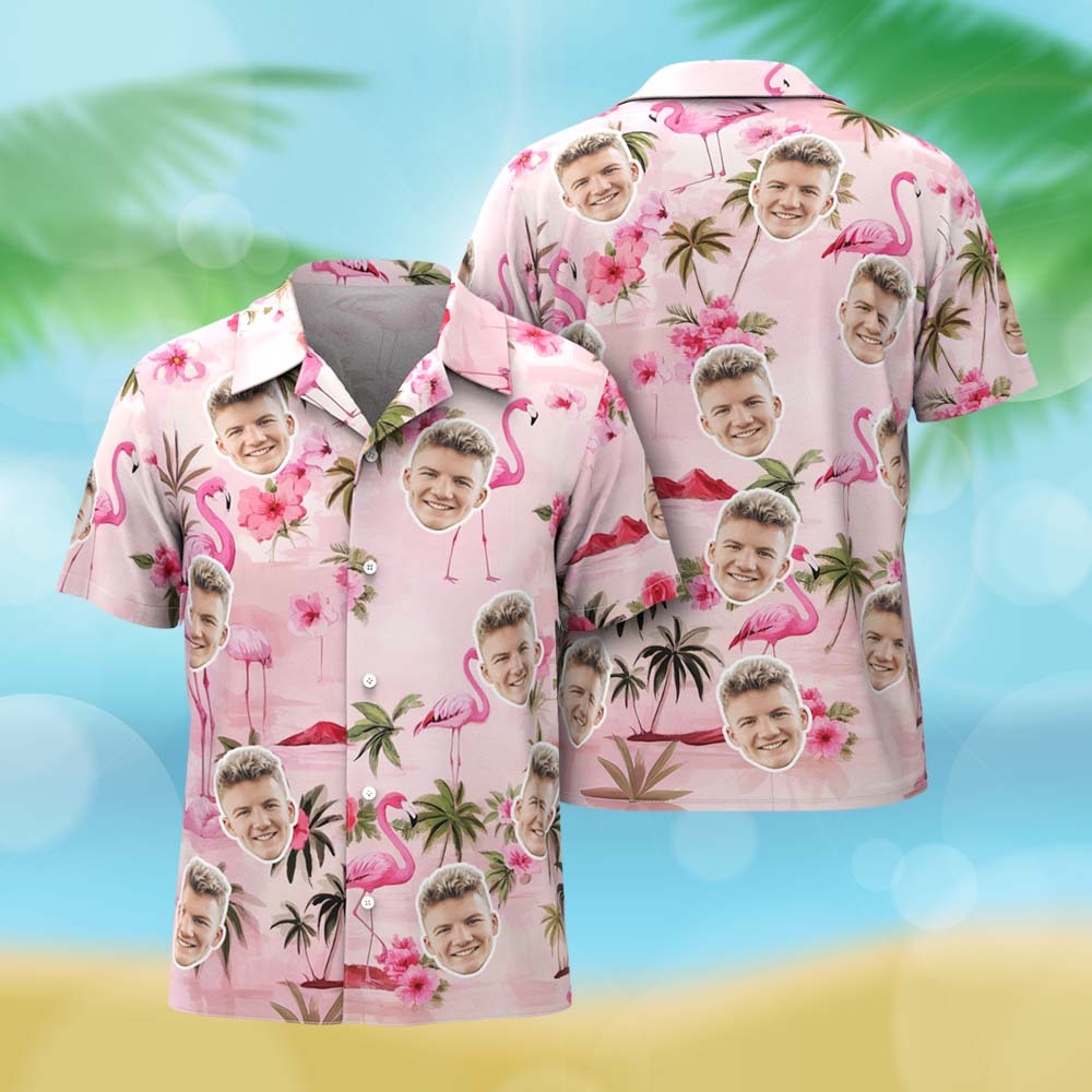 Camisa Hawaiana Personalizada Con Cara De Flamenco Rosa, Regalo De Aniversario Para Pareja - santacalcetines