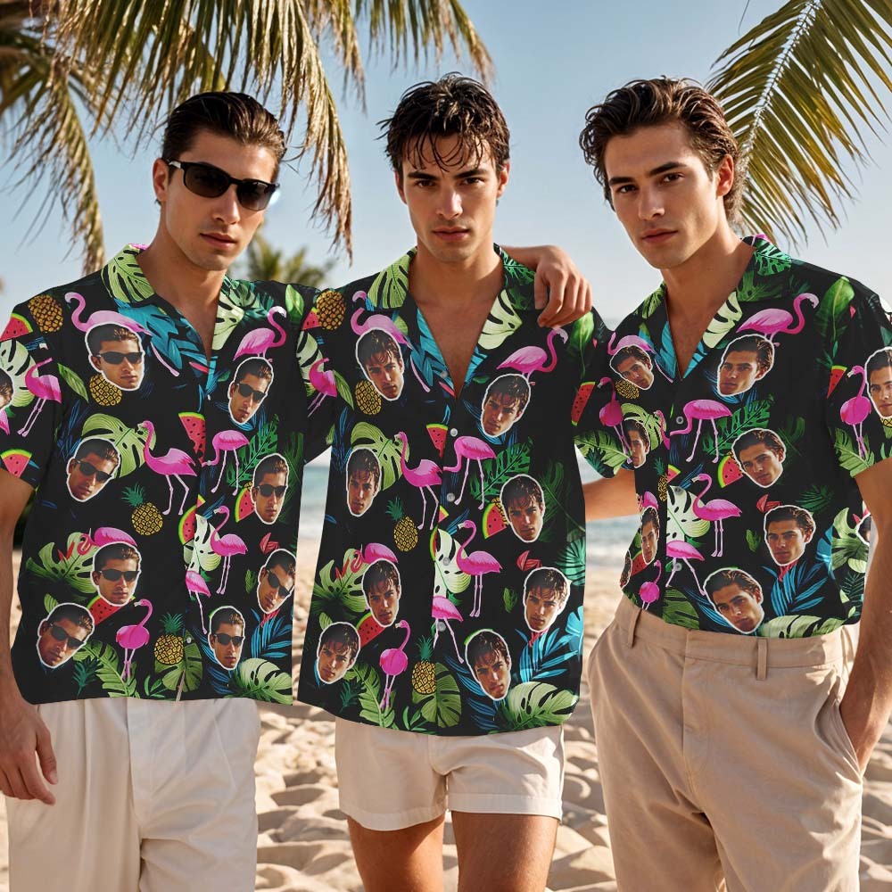 Camisa Hawaiana Personalizada Con Cara De Flamenco Rosa, Regalo De Aniversario Para Pareja - santacalcetines