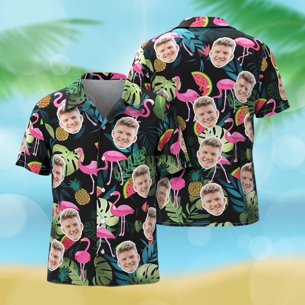 Camisa Hawaiana Personalizada Con Cara De Flamenco Rosa, Regalo De Aniversario Para Pareja - santacalcetines