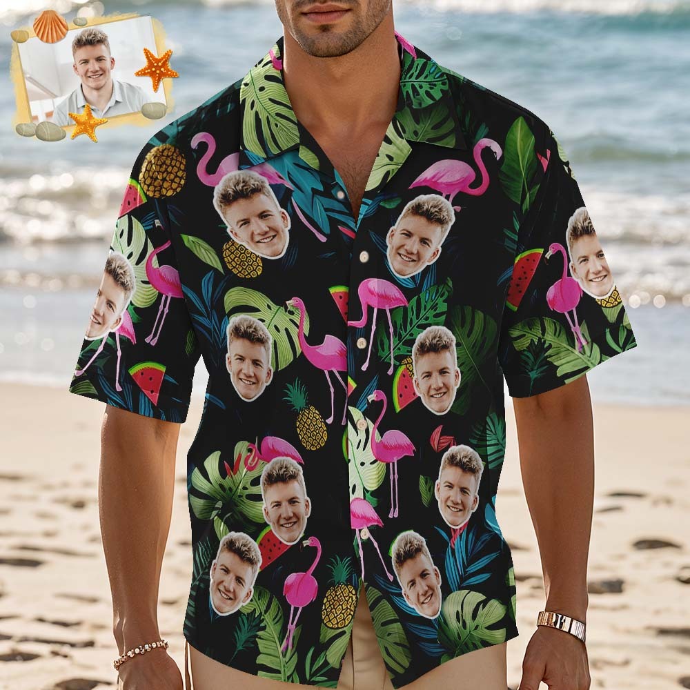 Camisa Hawaiana Personalizada Con Cara De Flamenco Rosa, Regalo De Aniversario Para Pareja - santacalcetines