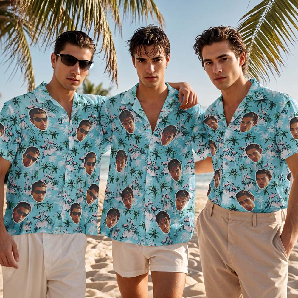 Camisa Hawaiana Personalizada Con Cara De Flamenco Rosa, Regalo De Aniversario Para Pareja - santacalcetines