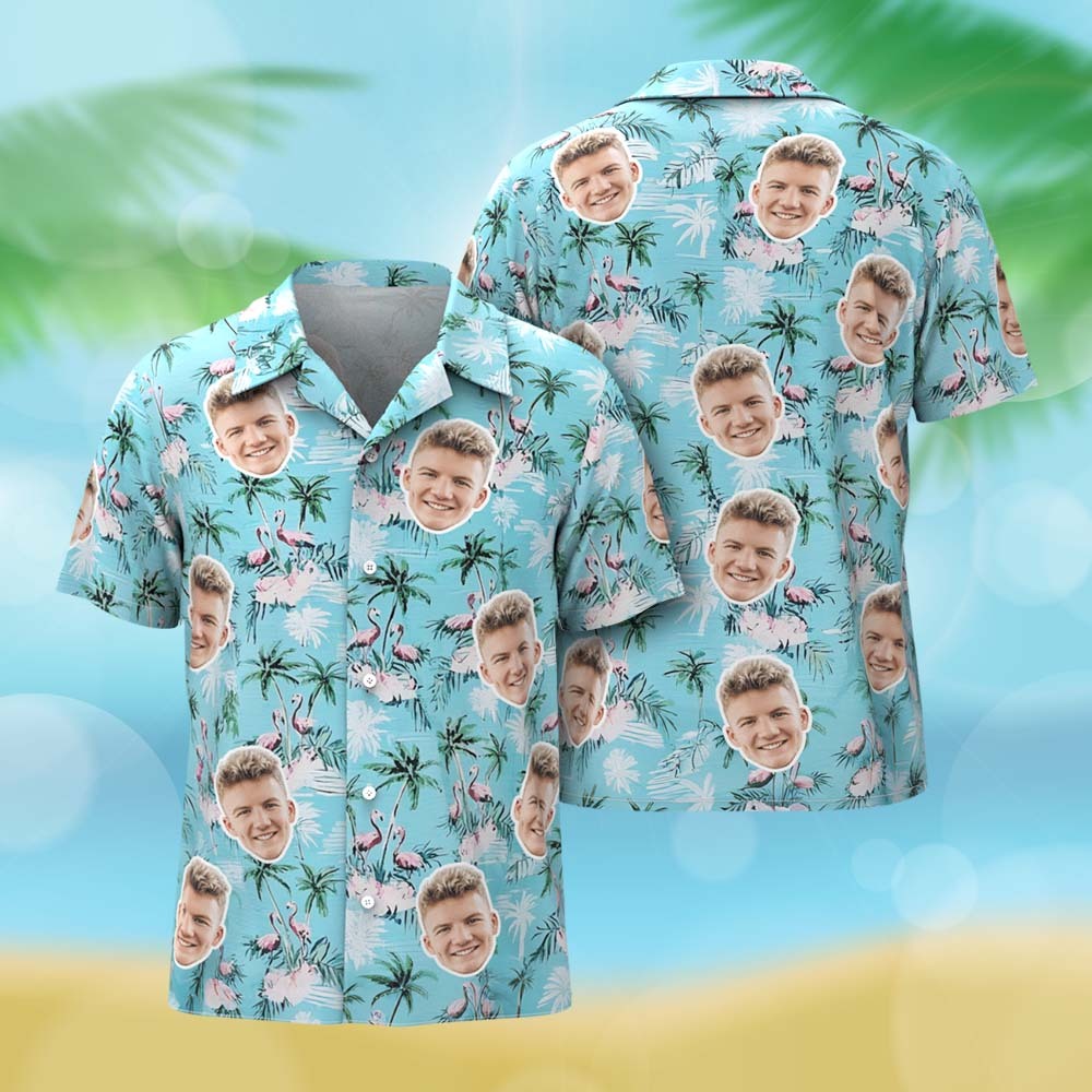 Camisa Hawaiana Personalizada Con Cara De Flamenco Rosa, Regalo De Aniversario Para Pareja - santacalcetines