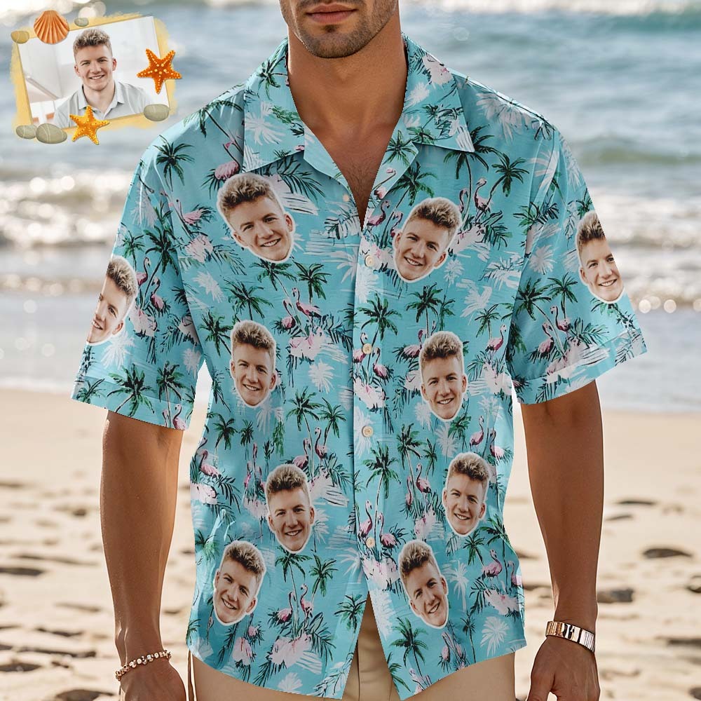 Camisa Hawaiana Personalizada Con Cara De Flamenco Rosa, Regalo De Aniversario Para Pareja - santacalcetines