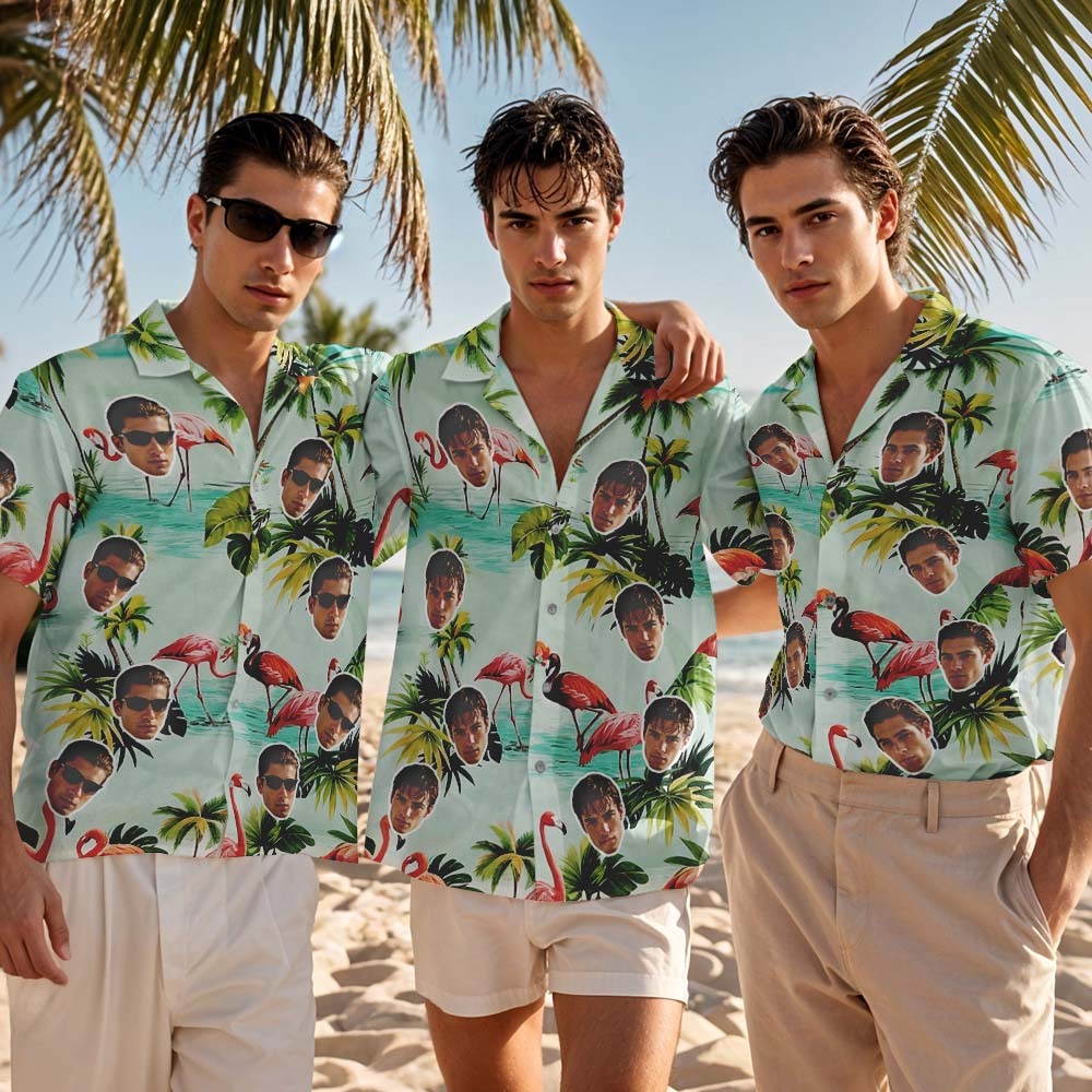Camisa Hawaiana Personalizada Con Cara De Flamenco Rosa, Regalo De Aniversario Para Pareja - santacalcetines