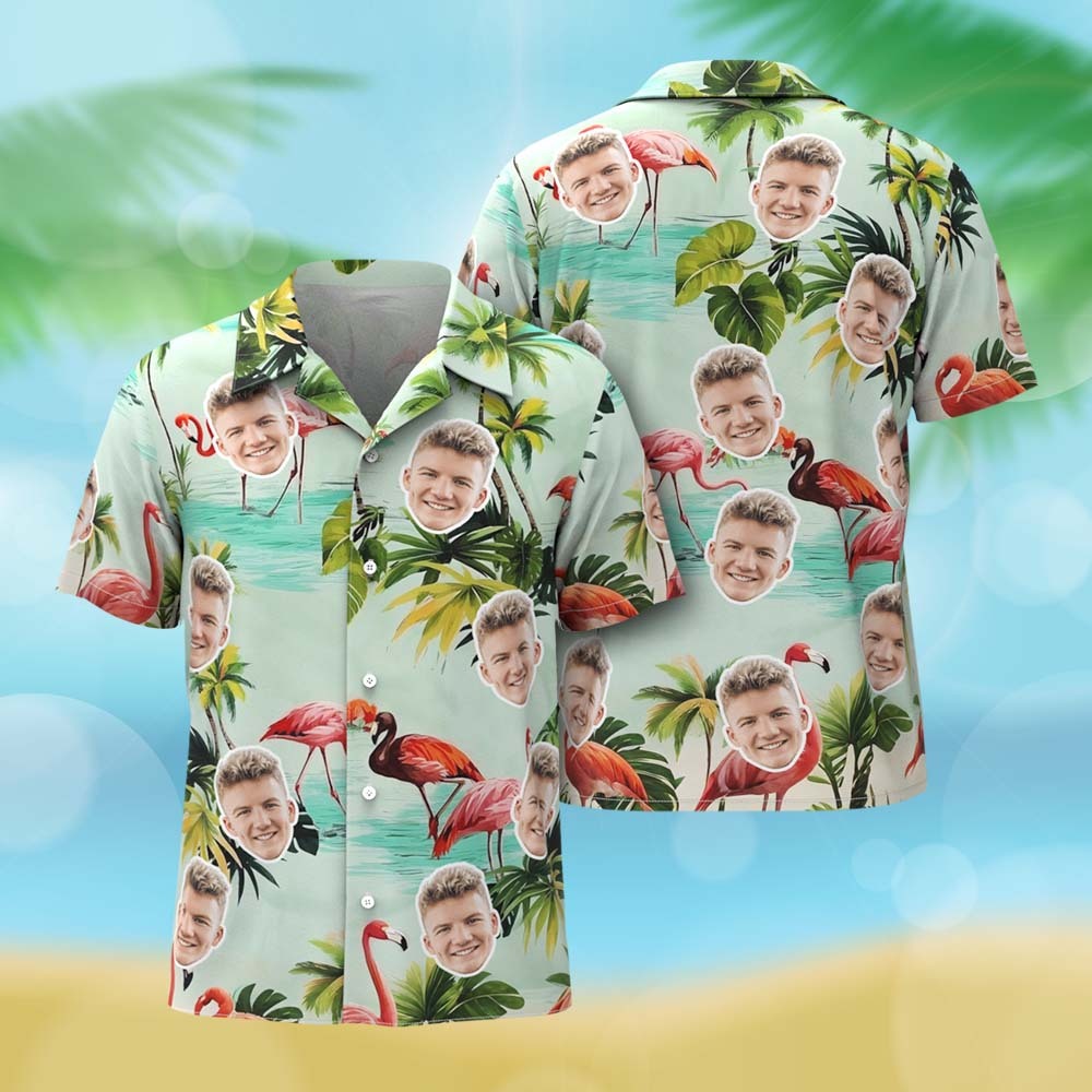 Camisa Hawaiana Personalizada Con Cara De Flamenco Rosa, Regalo De Aniversario Para Pareja - santacalcetines