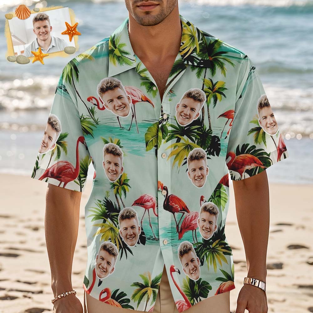 Camisa Hawaiana Personalizada Con Cara De Flamenco Rosa, Regalo De Aniversario Para Pareja - santacalcetines