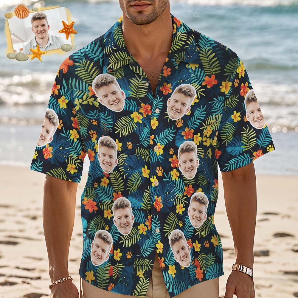 Camisa Hawaiana Personalizada Con Estampado Floral De Hojas De Palma Verde, Camisa Hawaiana Con Foto Personalizada, Camisas Divertidas Para Fiestas De Vacaciones - santacalcetines