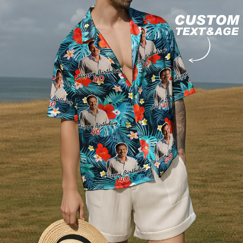 Camisa Hawaiana De Cumpleaños Personalizada Con Cara Divertida, Fecha, Nombre, Flor Y Palmera (5 Estilos) - santacalcetines