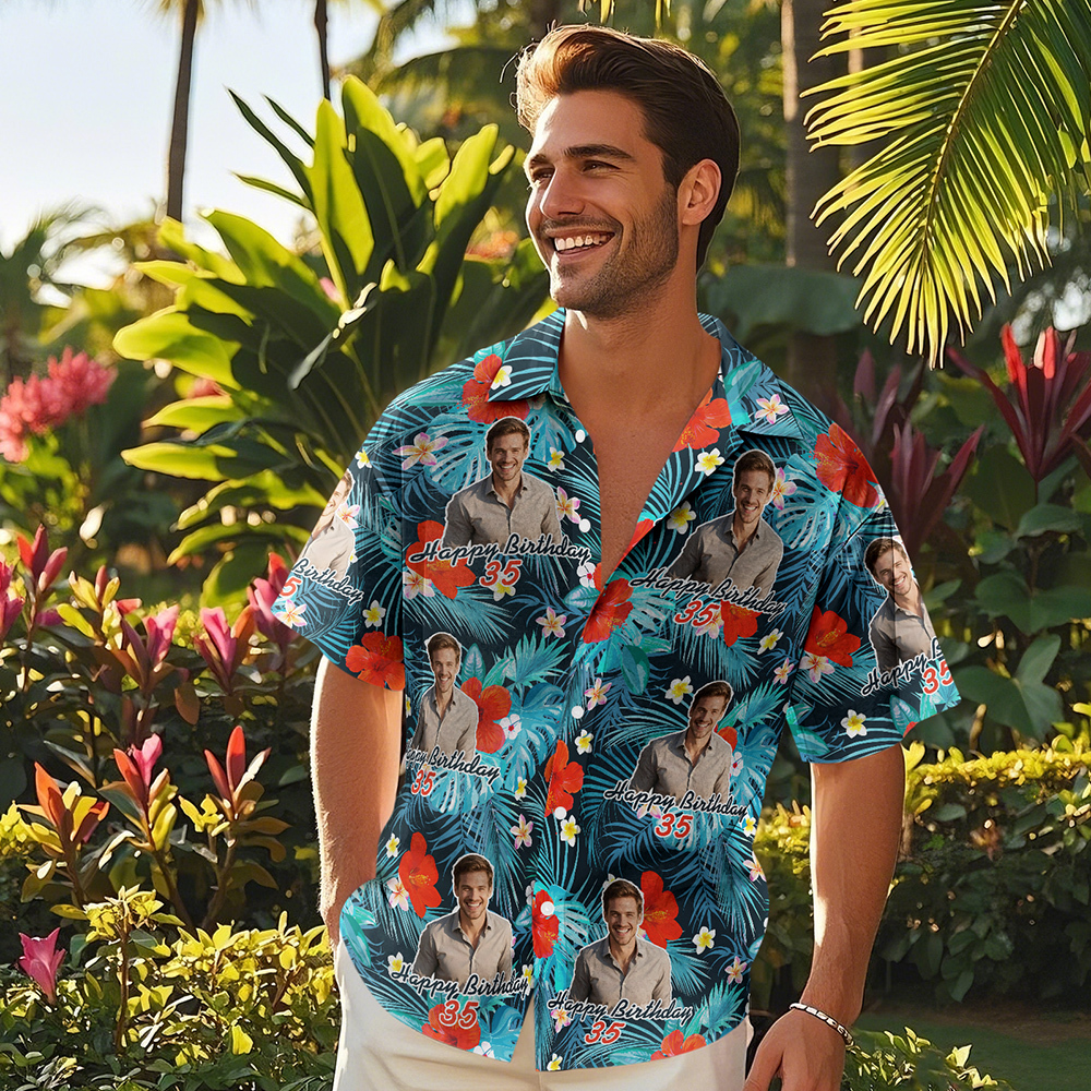 Camisa Hawaiana De Cumpleaños Personalizada Con Cara Divertida, Fecha, Nombre, Flor Y Palmera (5 Estilos) - santacalcetines