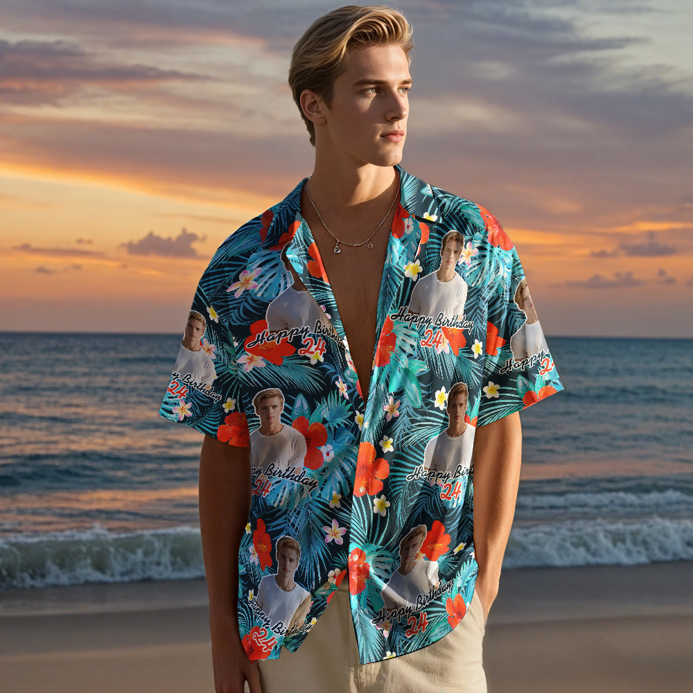 Camisa Hawaiana De Cumpleaños Personalizada Con Cara Divertida, Fecha, Nombre, Flor Y Palmera (5 Estilos) - santacalcetines