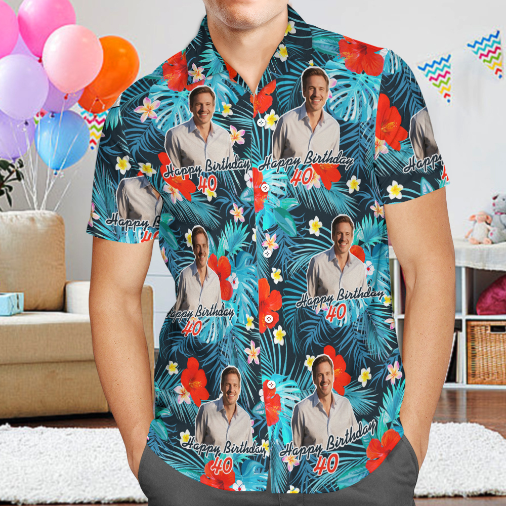 Camisa Hawaiana De Cumpleaños Personalizada Con Cara Divertida, Fecha, Nombre, Flor Y Palmera (5 Estilos) - santacalcetines