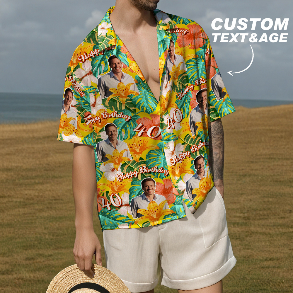 Camisa Hawaiana De Cumpleaños Personalizada Con Cara Divertida, Fecha, Nombre, Flor Y Palmera (5 Estilos) - santacalcetines