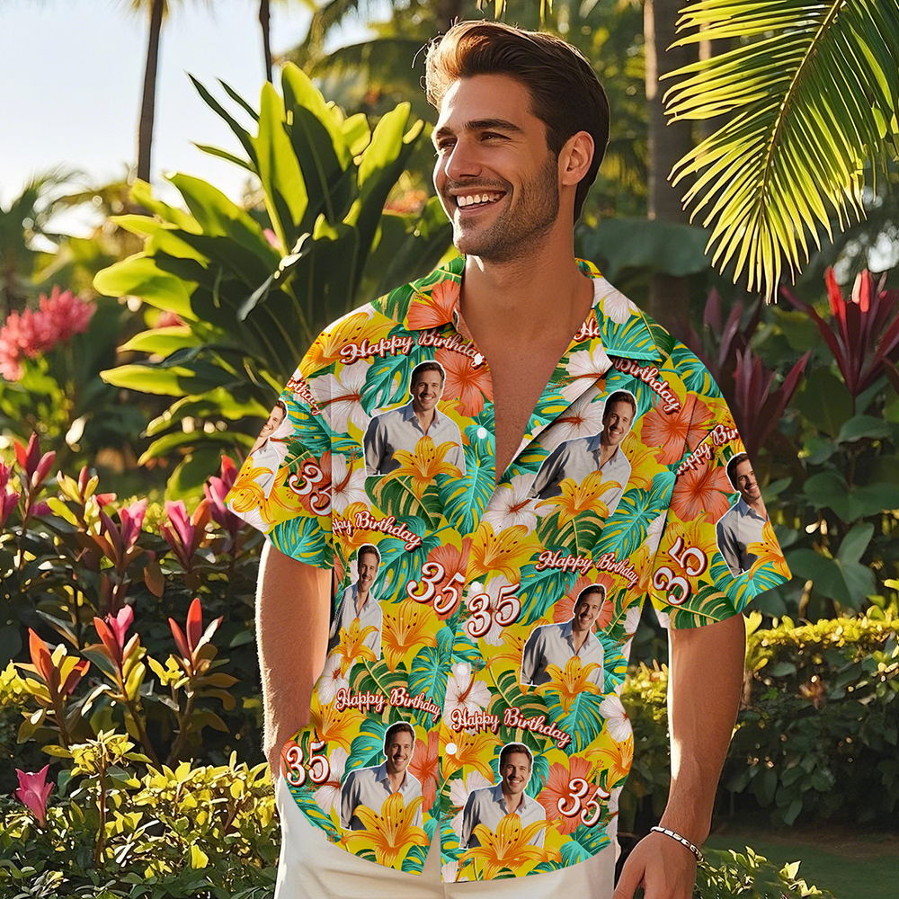 Camisa Hawaiana De Cumpleaños Personalizada Con Cara Divertida, Fecha, Nombre, Flor Y Palmera (5 Estilos) - santacalcetines