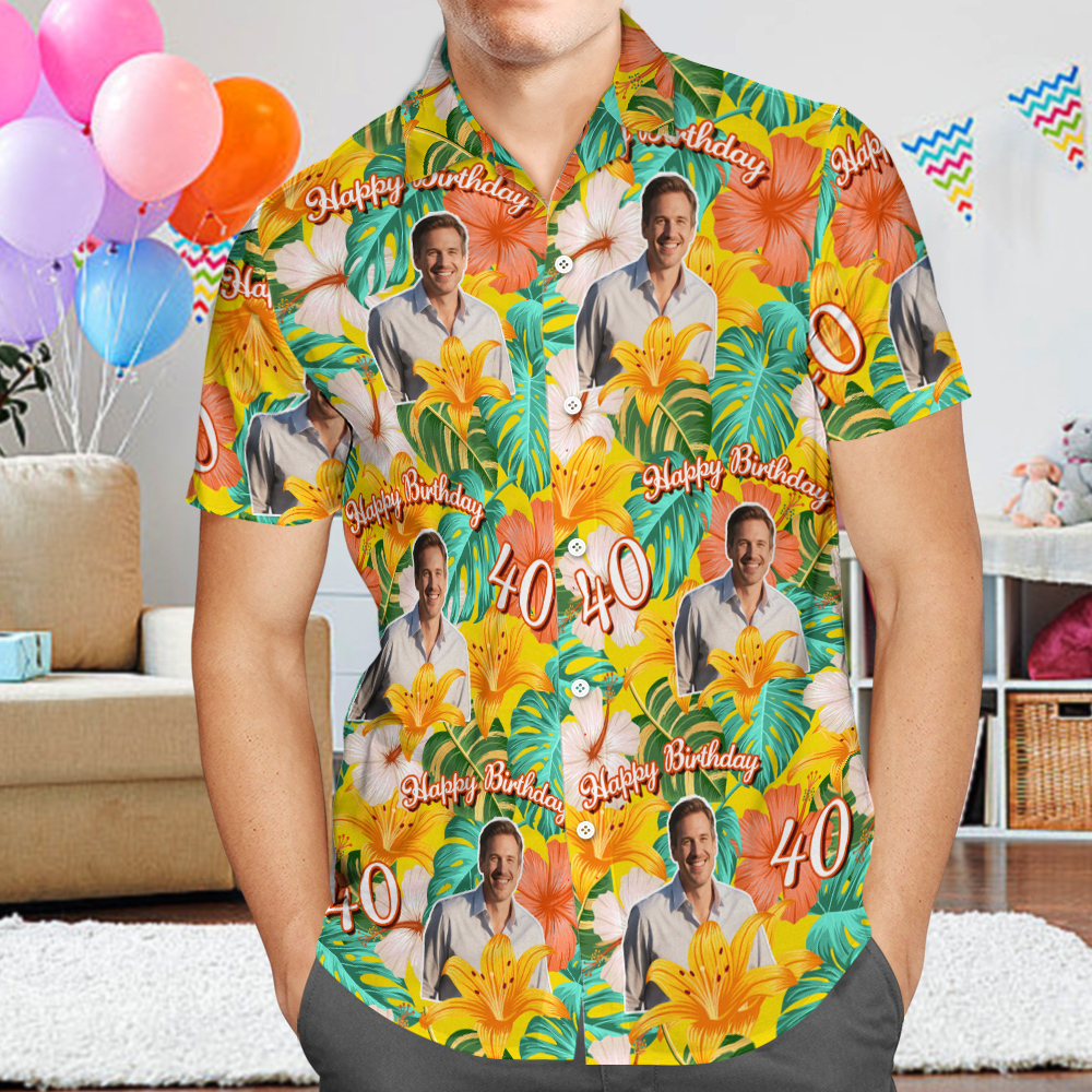 Camisa Hawaiana De Cumpleaños Personalizada Con Cara Divertida, Fecha, Nombre, Flor Y Palmera (5 Estilos) - santacalcetines