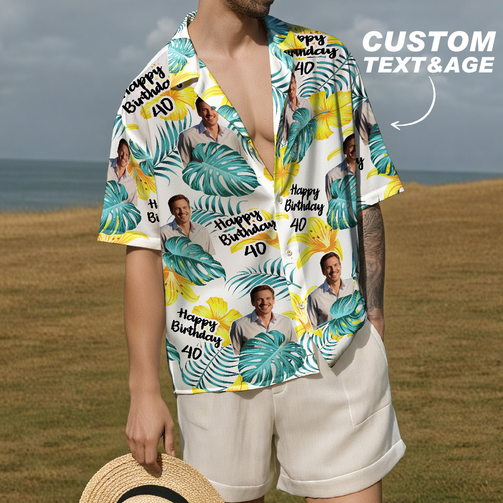 Camisa Hawaiana De Cumpleaños Personalizada Con Cara Divertida, Fecha, Nombre, Flor Y Palmera (5 Estilos) - santacalcetines