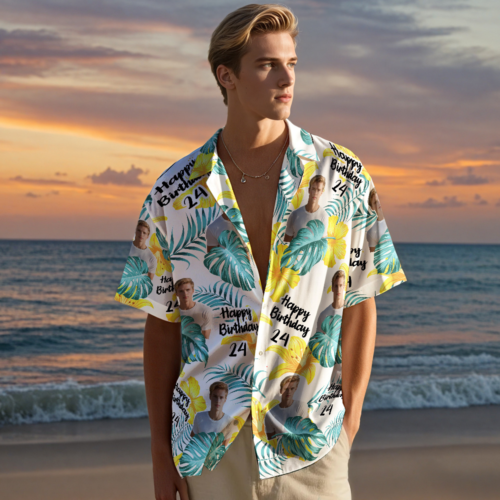 Camisa Hawaiana De Cumpleaños Personalizada Con Cara Divertida, Fecha, Nombre, Flor Y Palmera (5 Estilos) - santacalcetines