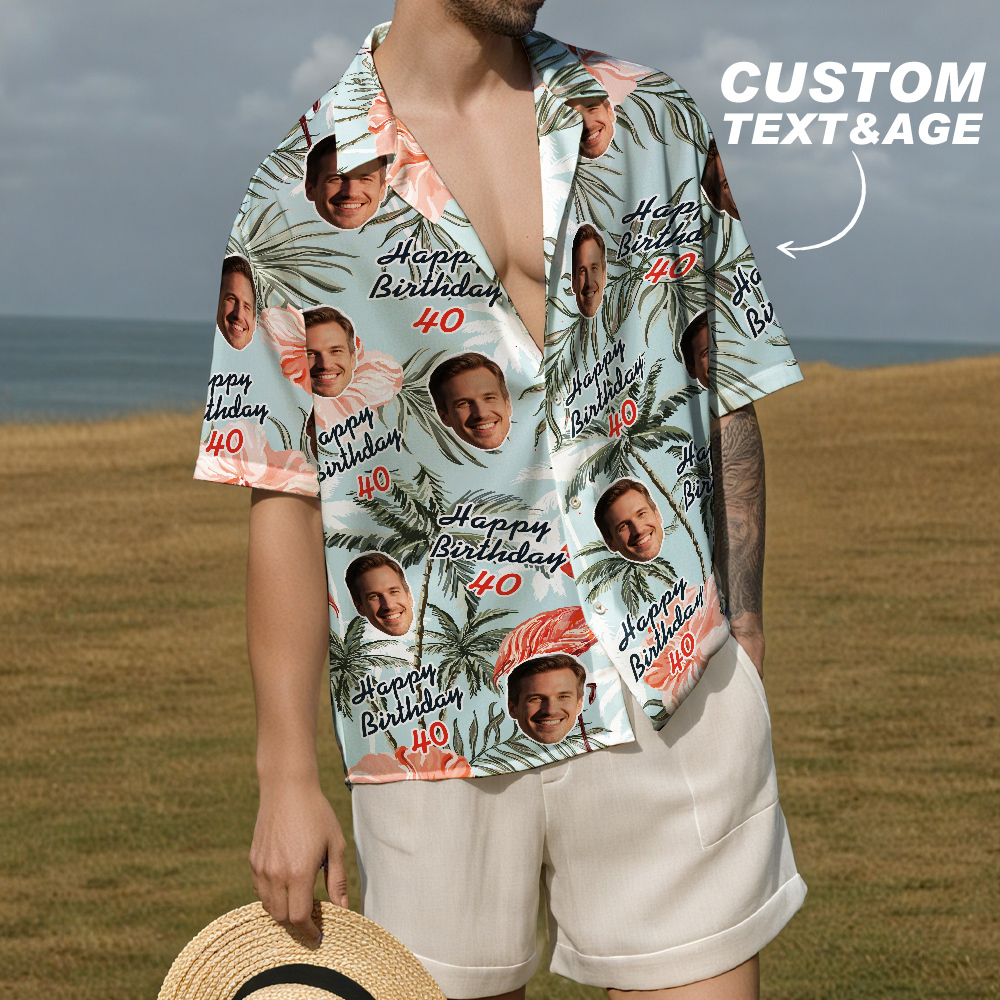Camisa Hawaiana De Cumpleaños Personalizada Con Cara Divertida, Fecha, Nombre, Flor Y Palmera (5 Estilos) - santacalcetines
