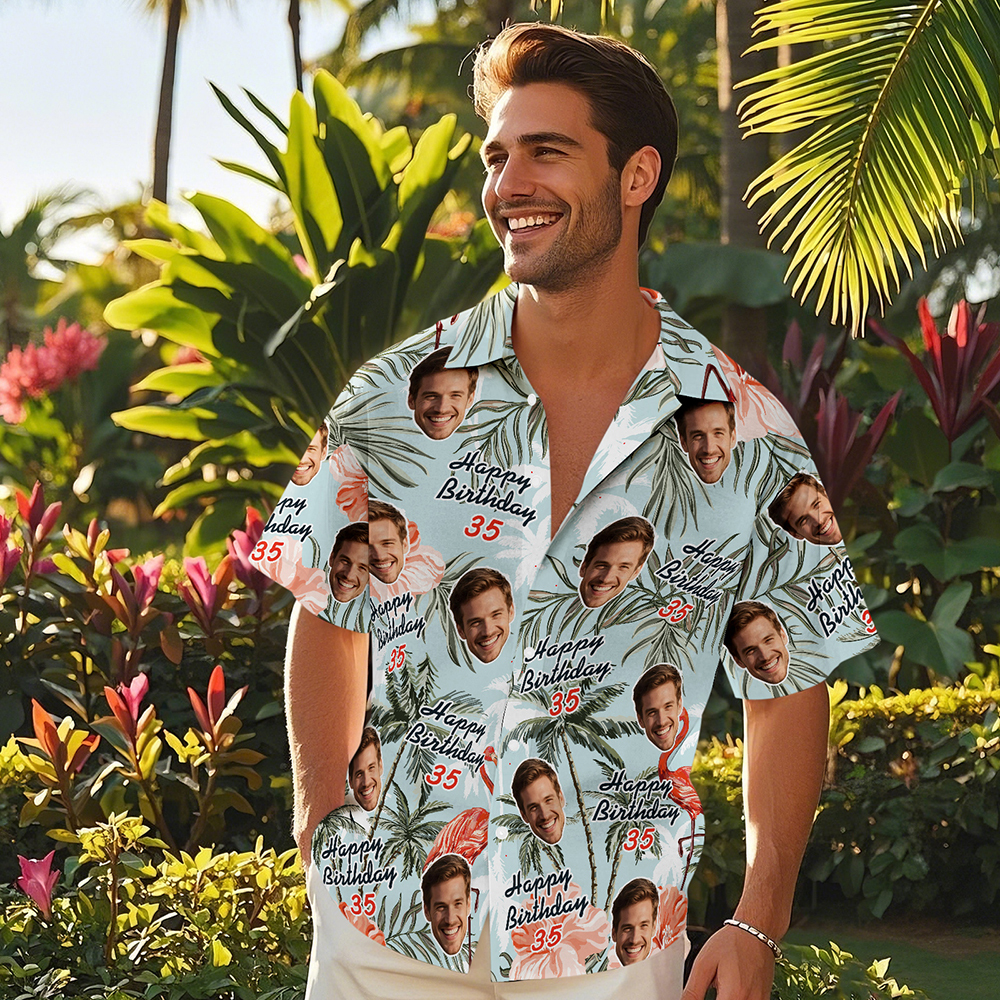 Camisa Hawaiana De Cumpleaños Personalizada Con Cara Divertida, Fecha, Nombre, Flor Y Palmera (5 Estilos) - santacalcetines