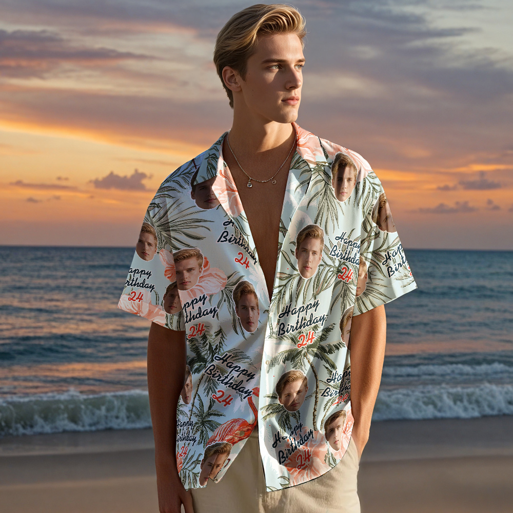 Camisa Hawaiana De Cumpleaños Personalizada Con Cara Divertida, Fecha, Nombre, Flor Y Palmera (5 Estilos) - santacalcetines