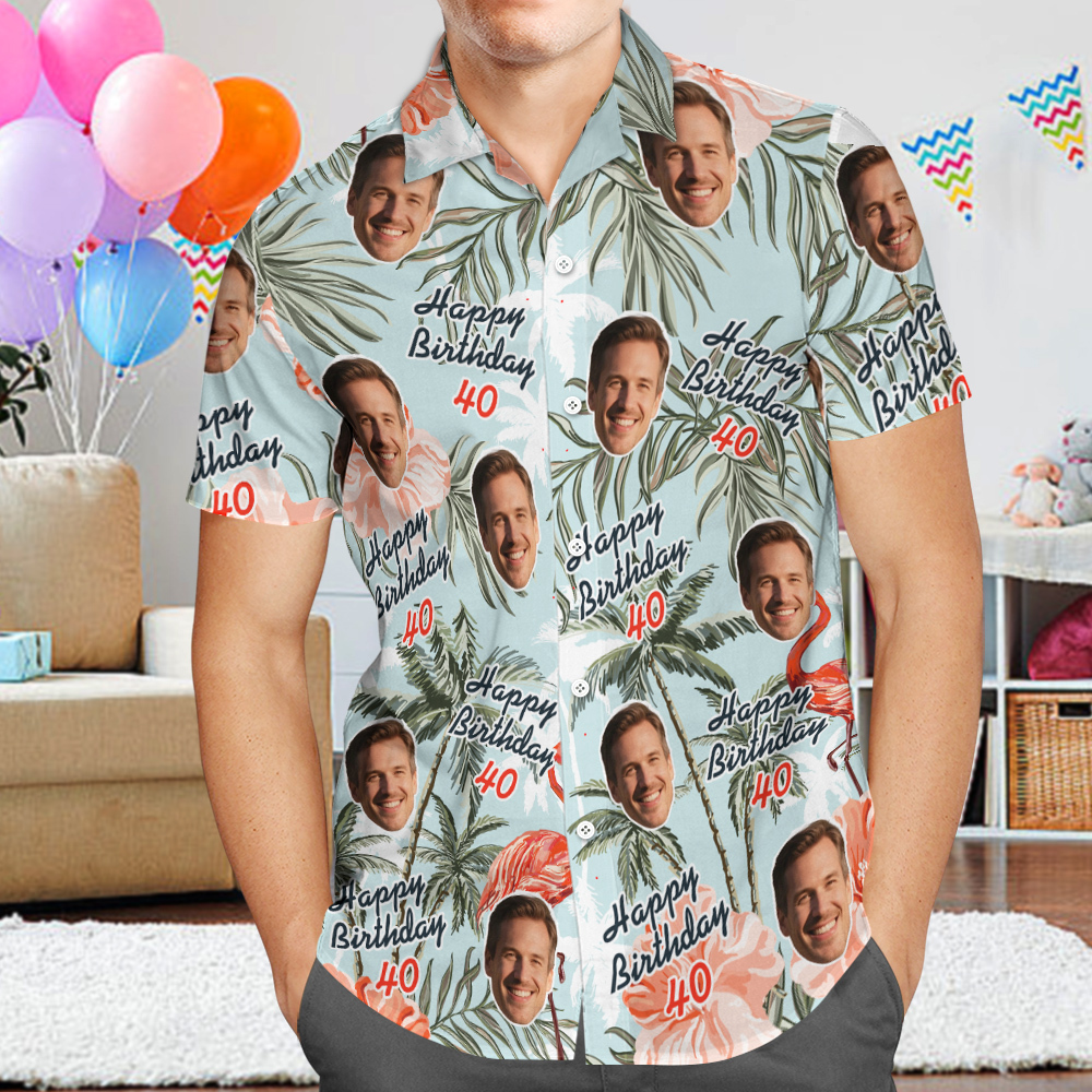 Camisa Hawaiana De Cumpleaños Personalizada Con Cara Divertida, Fecha, Nombre, Flor Y Palmera (5 Estilos) - santacalcetines