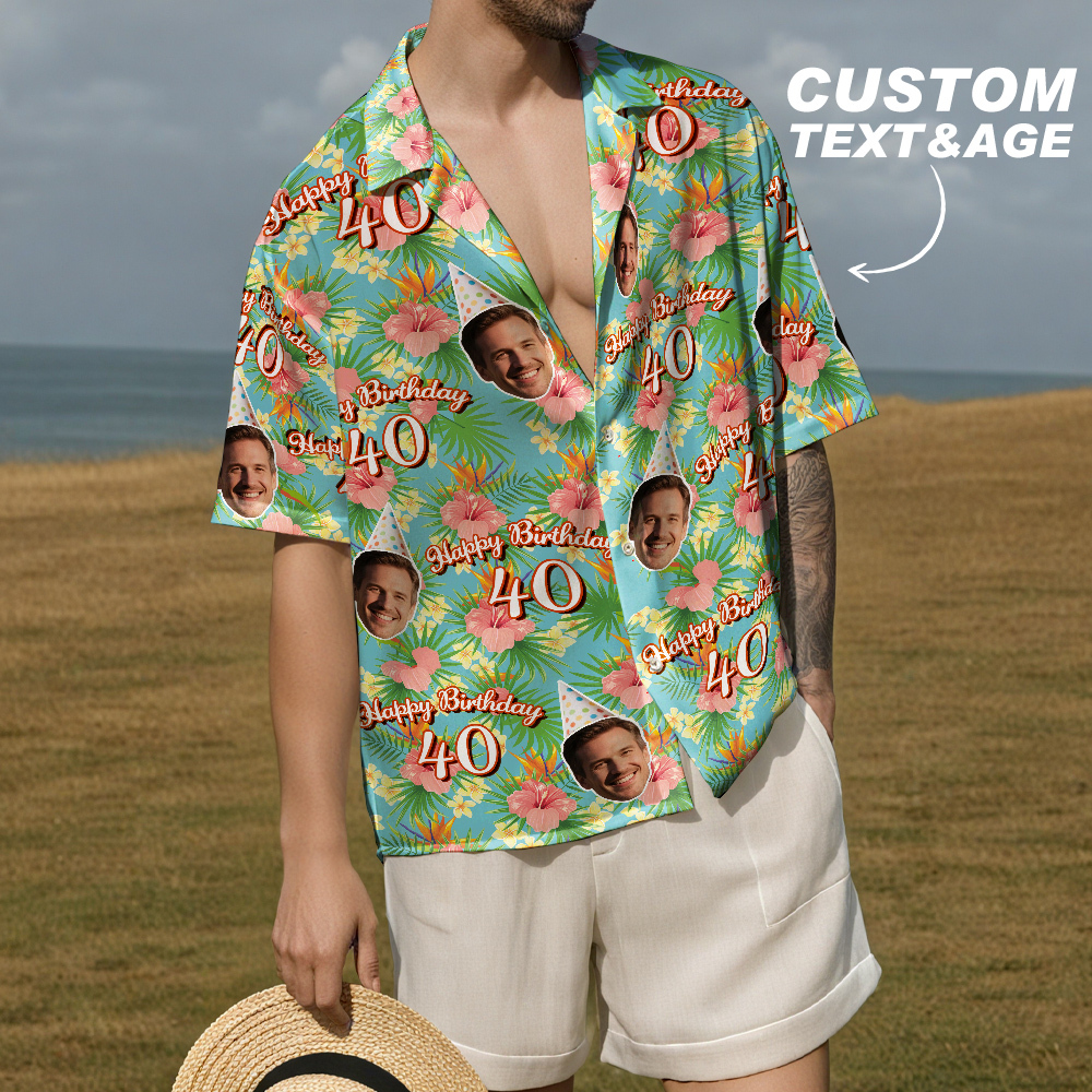 Camisa Hawaiana De Cumpleaños Personalizada Con Cara Divertida, Fecha, Nombre, Flor Y Palmera (5 Estilos) - santacalcetines