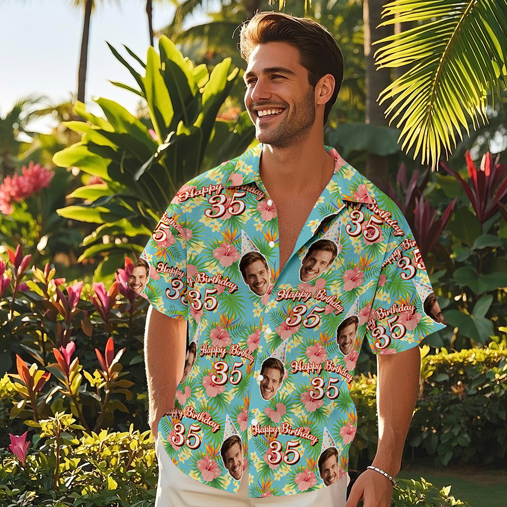Camisa Hawaiana De Cumpleaños Personalizada Con Cara Divertida, Fecha, Nombre, Flor Y Palmera (5 Estilos) - santacalcetines