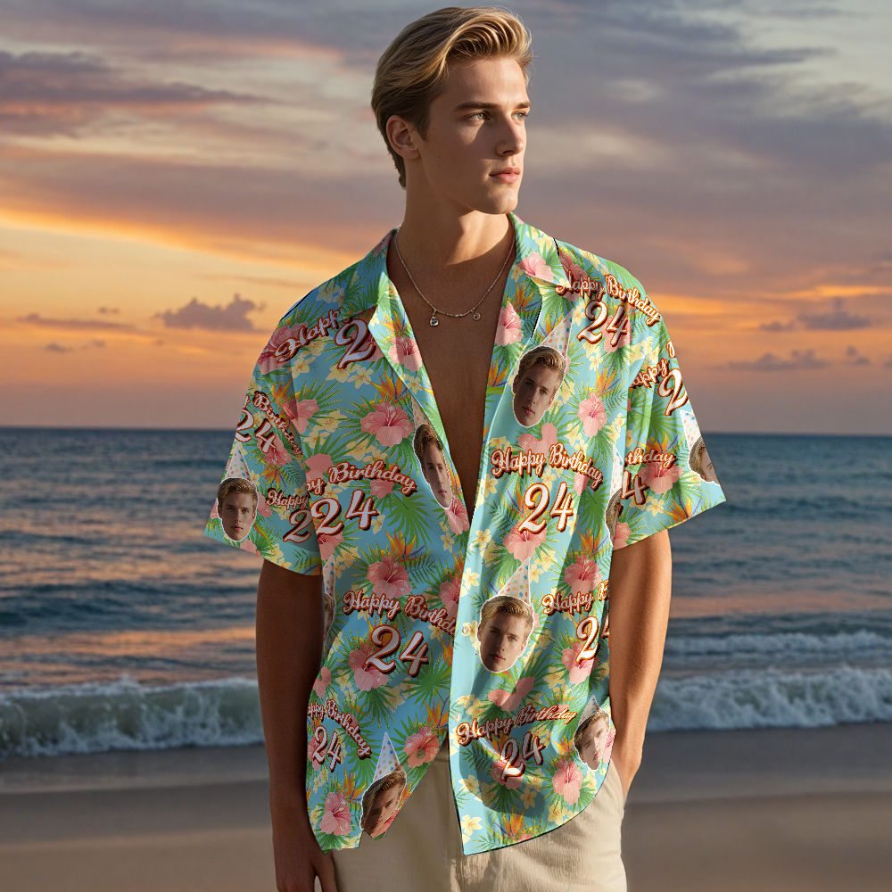 Camisa Hawaiana De Cumpleaños Personalizada Con Cara Divertida, Fecha, Nombre, Flor Y Palmera (5 Estilos) - santacalcetines