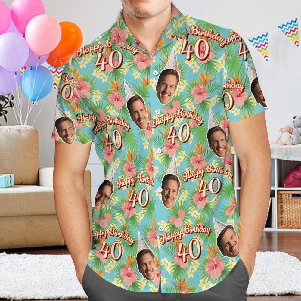 Camisa Hawaiana De Cumpleaños Personalizada Con Cara Divertida, Fecha, Nombre, Flor Y Palmera (5 Estilos) - santacalcetines
