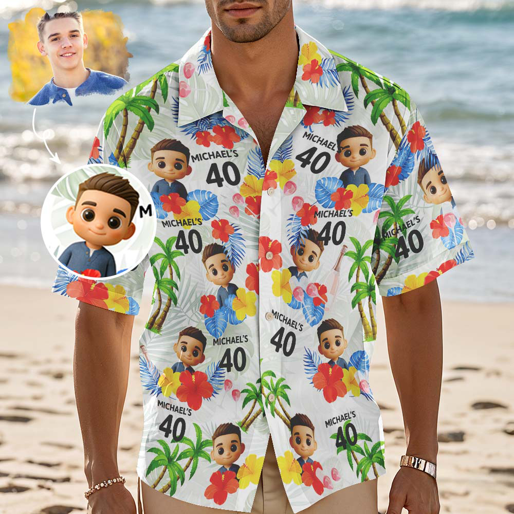 Camisa Hawaiana Personalizada Con Estampado Integral De Cara De Dibujos Animados, Flamencos, Flores Y Hojas - santacalcetines